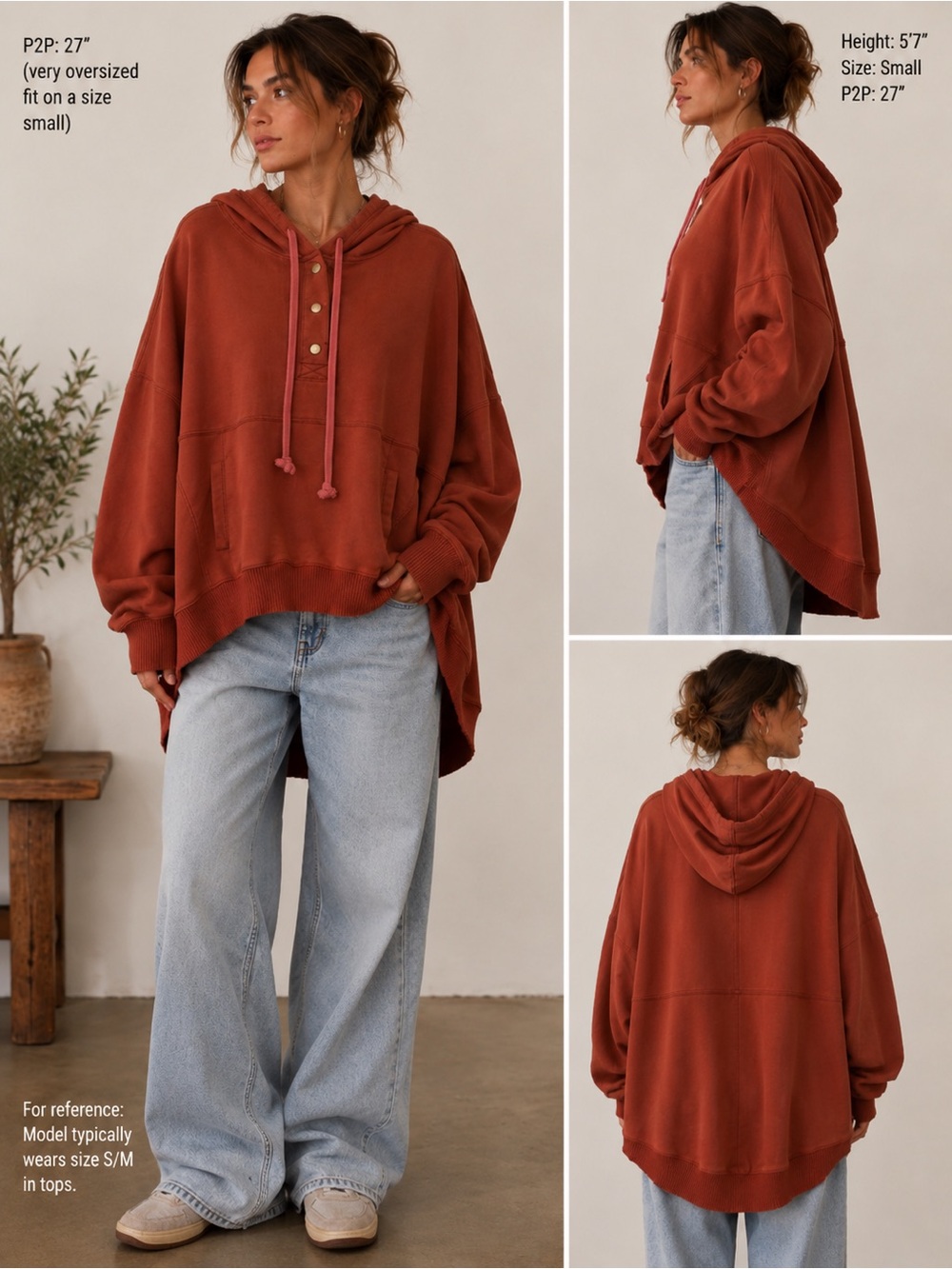 Oli & Hali Rust Hooded Snap-Placket Pullover oversized size Small